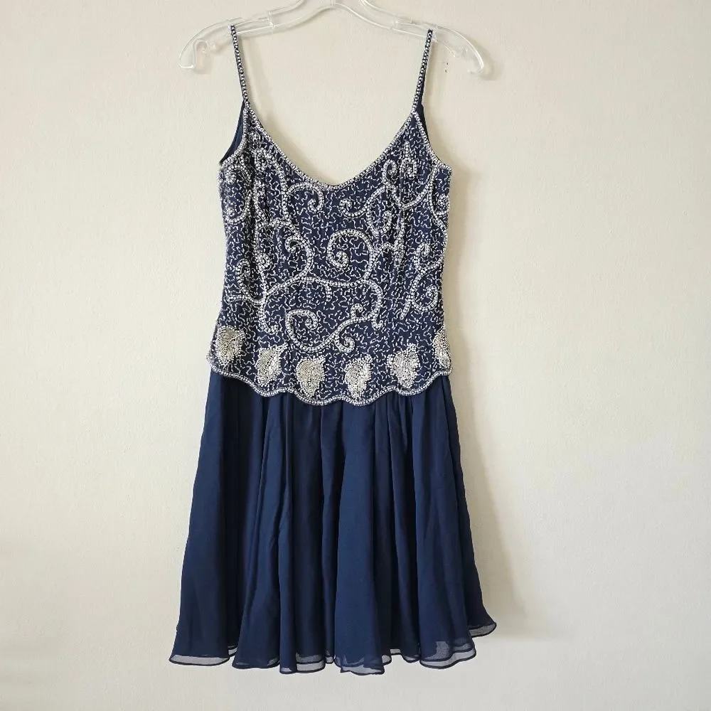 BLACK TIE OLEG CASSINI Elegant Navy Blue Beaded Dress 100% Silk Size 6 Glam Prom